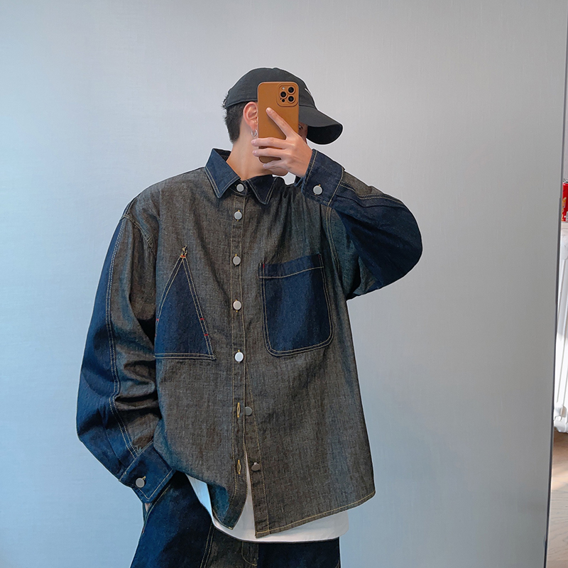 宽松撞色拼接牛仔衬衫