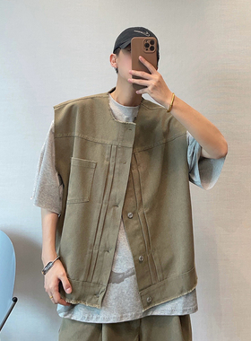 dannyandzee夏季复古百搭重水洗军绿色毛边无领工装马甲背心男INS