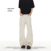 男女解构水洗做旧阔腿裤 春季 潮 复古褶皱牛仔A字长裤 NOFUNNULL美式