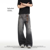 男女vibe宽松直筒阔腿长裤 休闲黑灰做旧泼墨牛仔裤 美式 NOFUNNULL