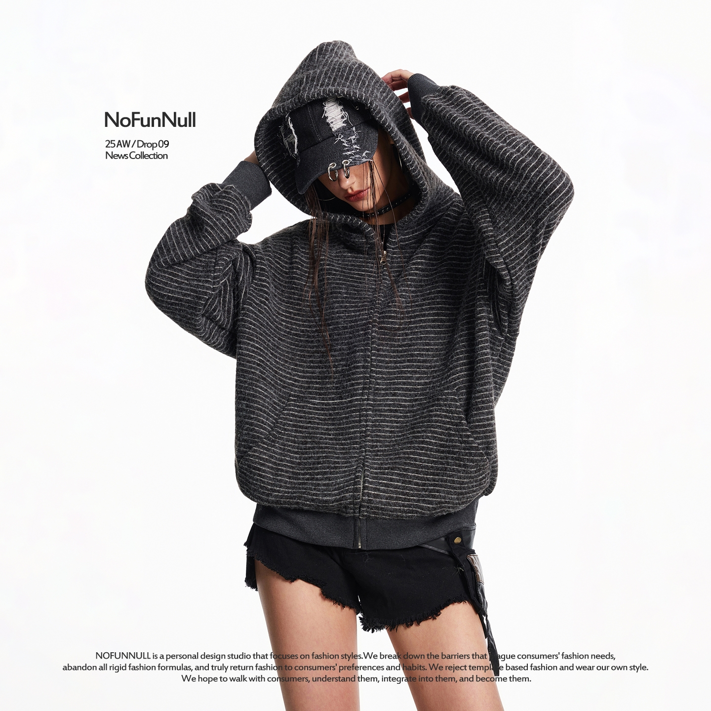 NOFUNNULL美式条纹连帽开衫卫衣