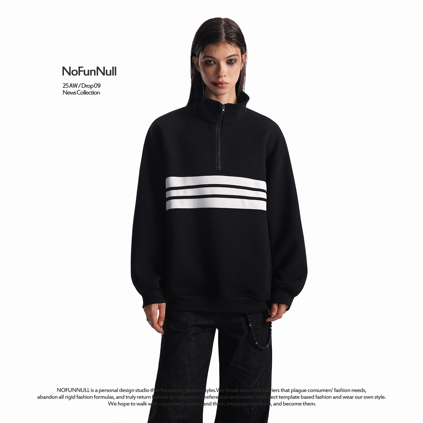 NOFUNNULL 400g重磅三条杠半拉链卫衣男女秋季美式立领运动上衣潮