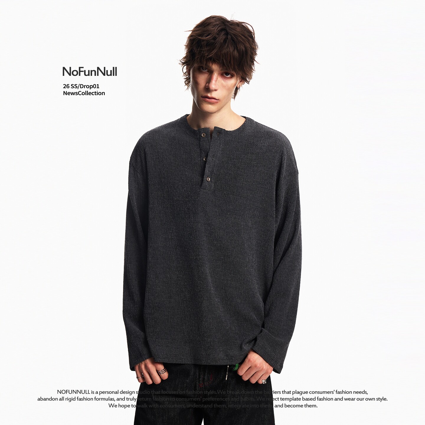 NOFUNNULL老钱风亨利领长袖T恤男女春季新贵肌理感高质打底衫上衣