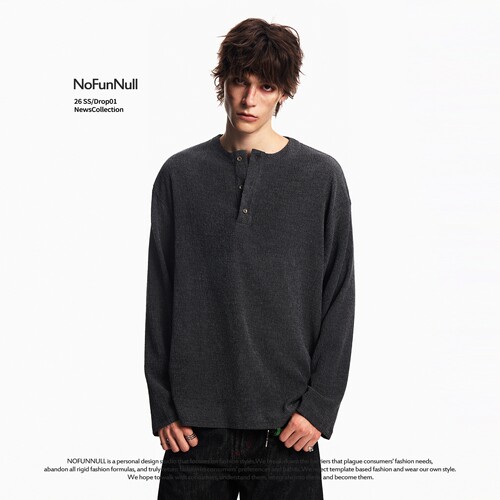 NOFUNNULL老钱风亨利领长袖T恤潮