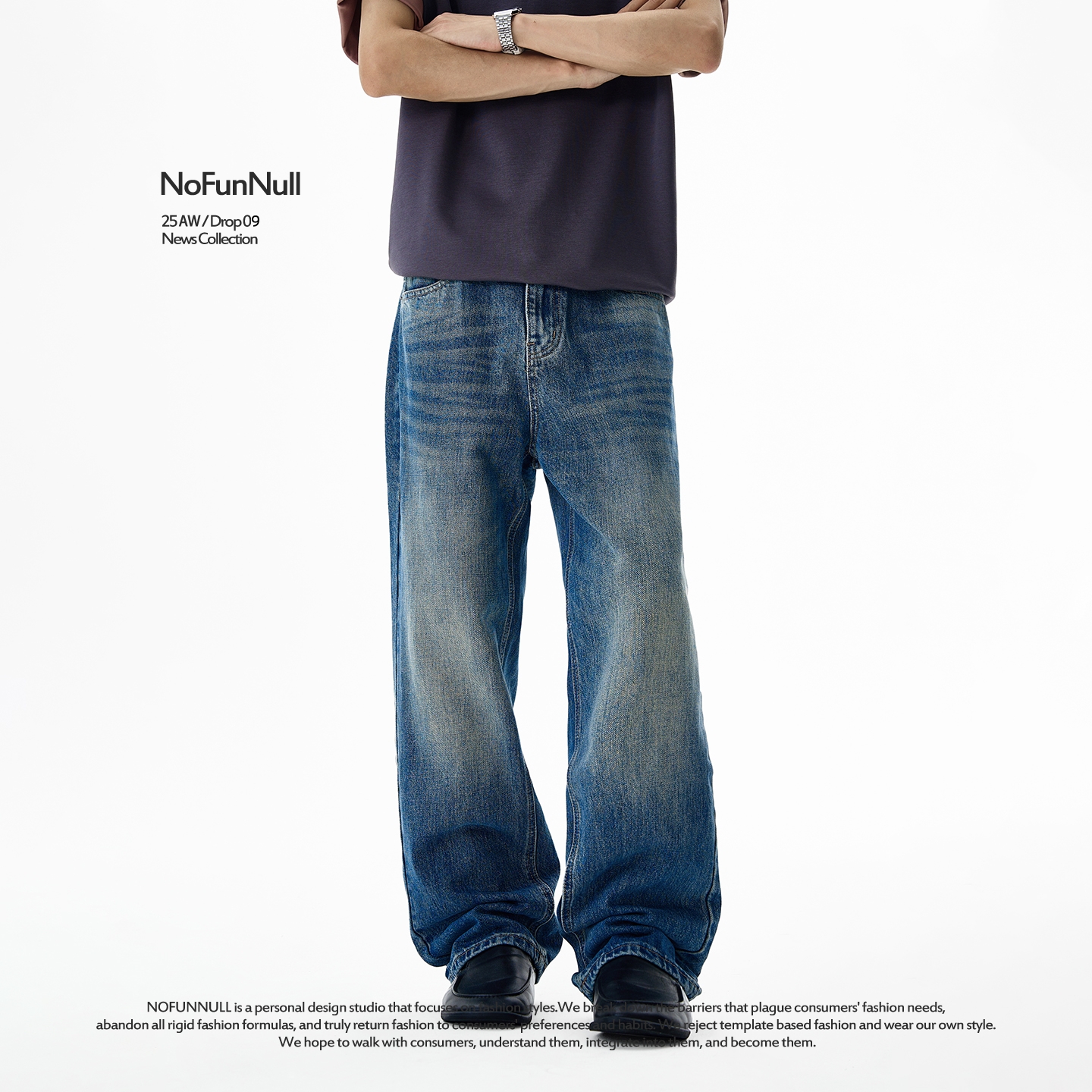 NOFUNNULL猫须磨白水洗牛仔裤潮