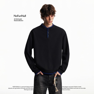 NOFUNNULL 美式复古老钱风手缝线亨利领卫衣潮春季男套头打底上衣