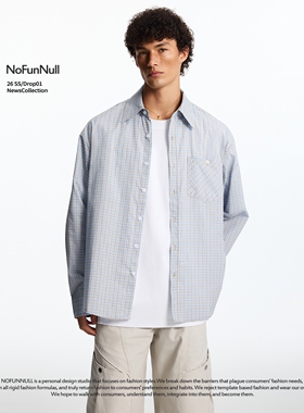 NOFUNNULL 美式复古蓝调小格纹长袖衬衫春季男女Cleanfit简约衬衣