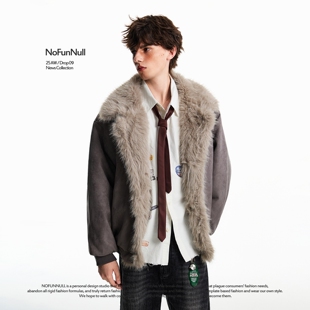 NOFUNNULL 冬季加厚座山雕毛领棉衣男女宽松解构高级感毛绒外套潮
