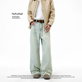 NOFUNNULL美式 男女小众水洗宽松ins长裤 复古磨白浅蓝色牛仔裤 春季