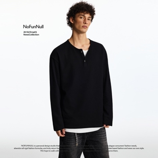 宽松廓形打底上衣 T恤男女春季 NOFUNNULL美式 复古假两件亨利领长袖