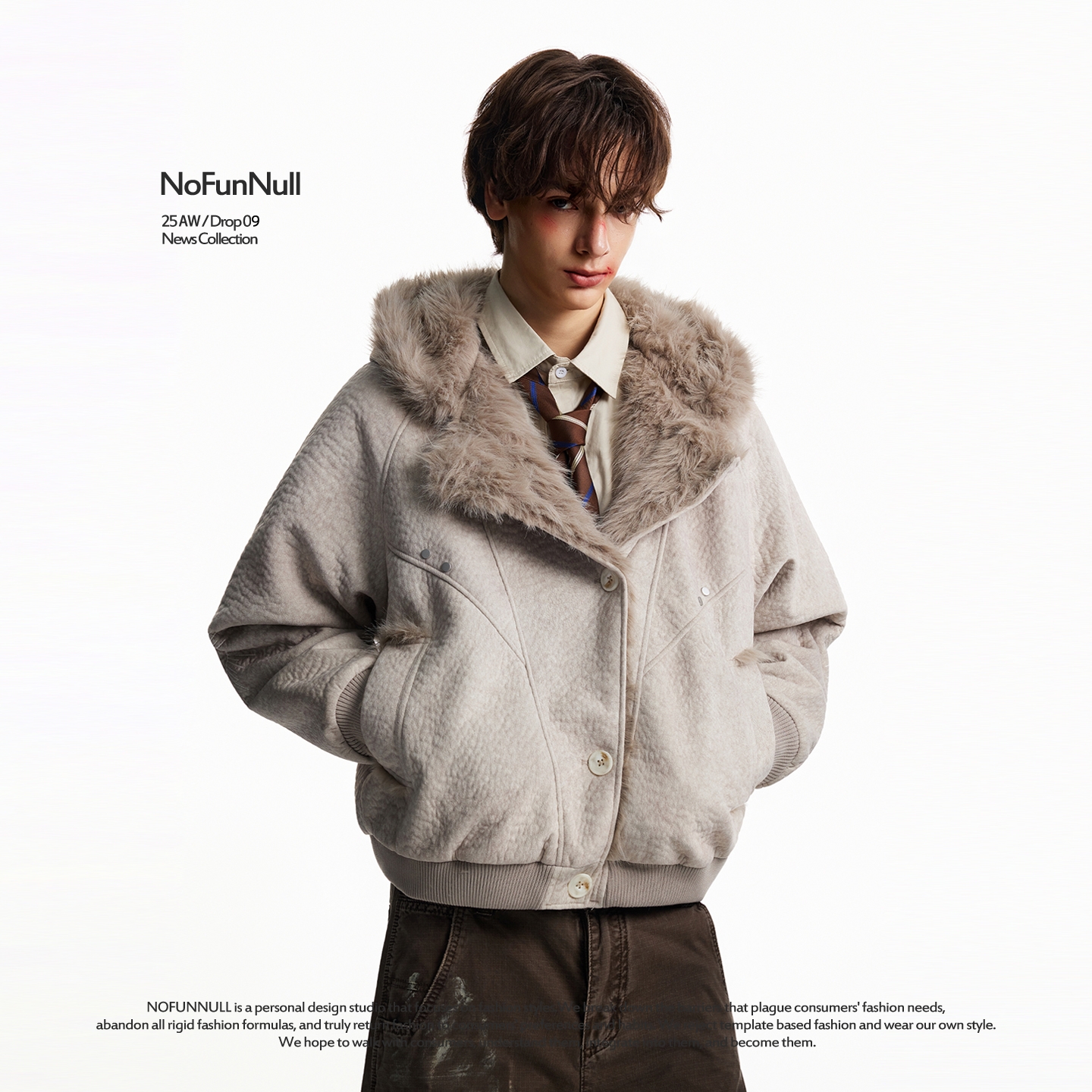 NOFUNNULL仿兔毛刺绣座山雕棉服