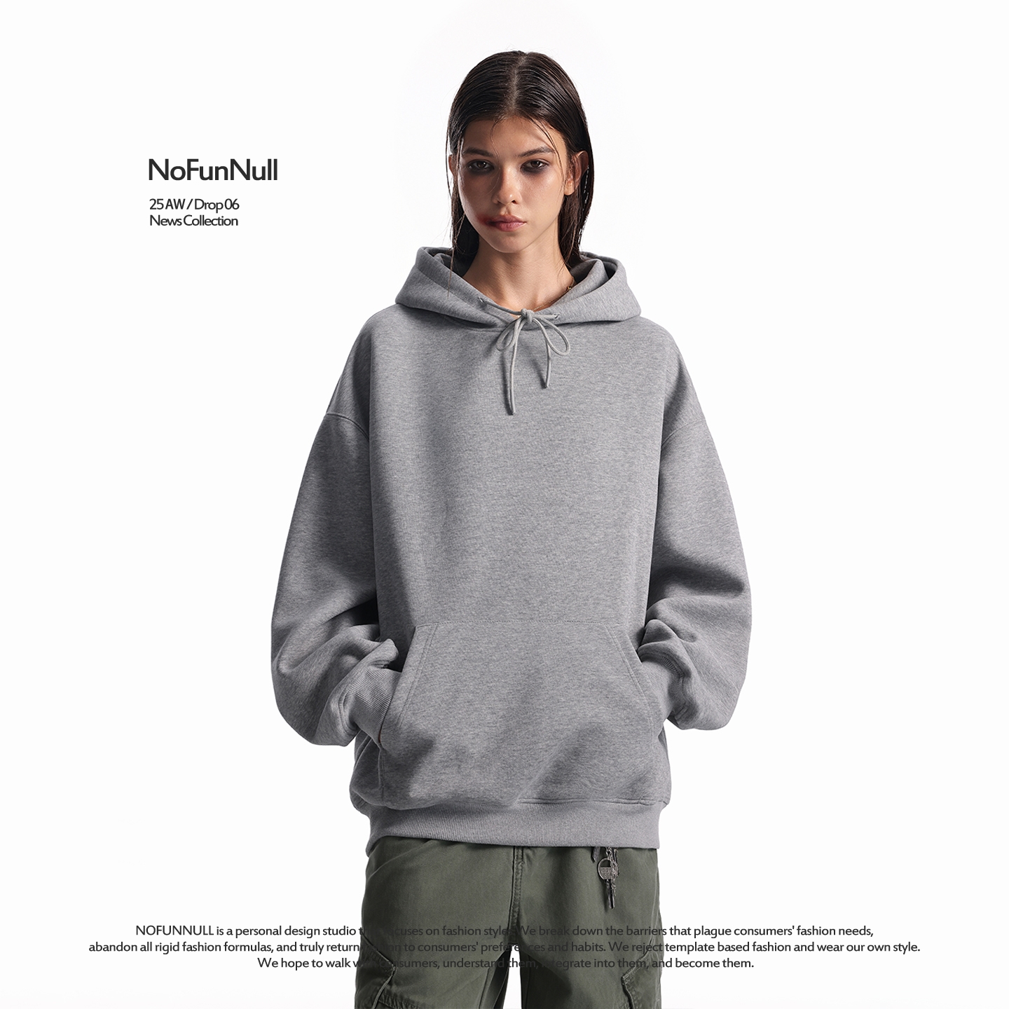 NOFUNNULL400g重磅灰色连帽卫衣