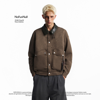 NOFUNNULL潮街PU皮翻领工装夹克