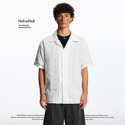 NOFUNNUL美式古巴领纯色短袖衬衫