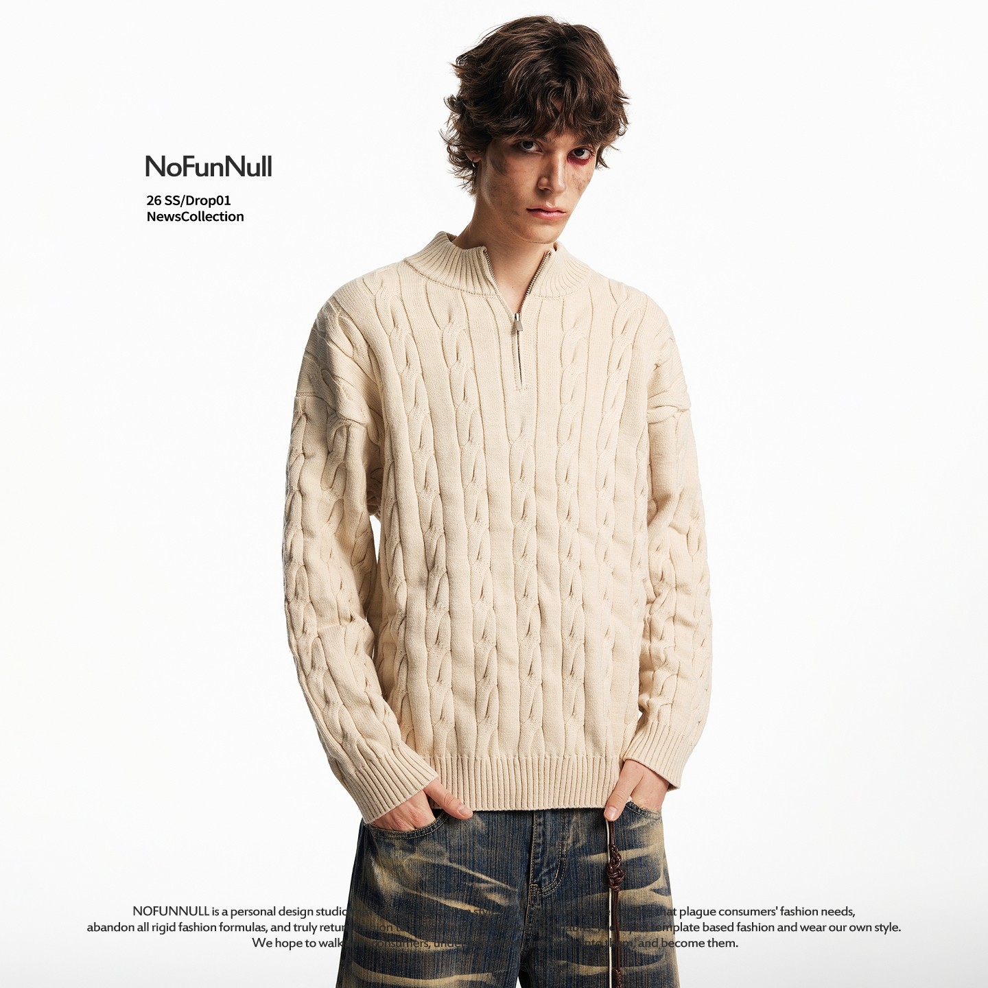 NOFUNNULL 美式半拉链立领麻花毛衣男女冬季老钱风保暖宽松针织衫
