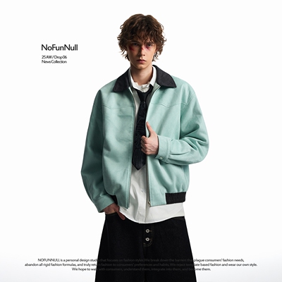 NOFUNNULL美式麂皮亮色拼接夹克