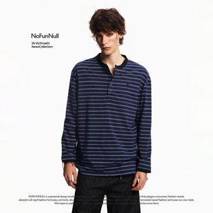 小狗刺绣打底衫 T恤男女春季 亨利领条纹撞色拼接长袖 NOFUNNULL美式