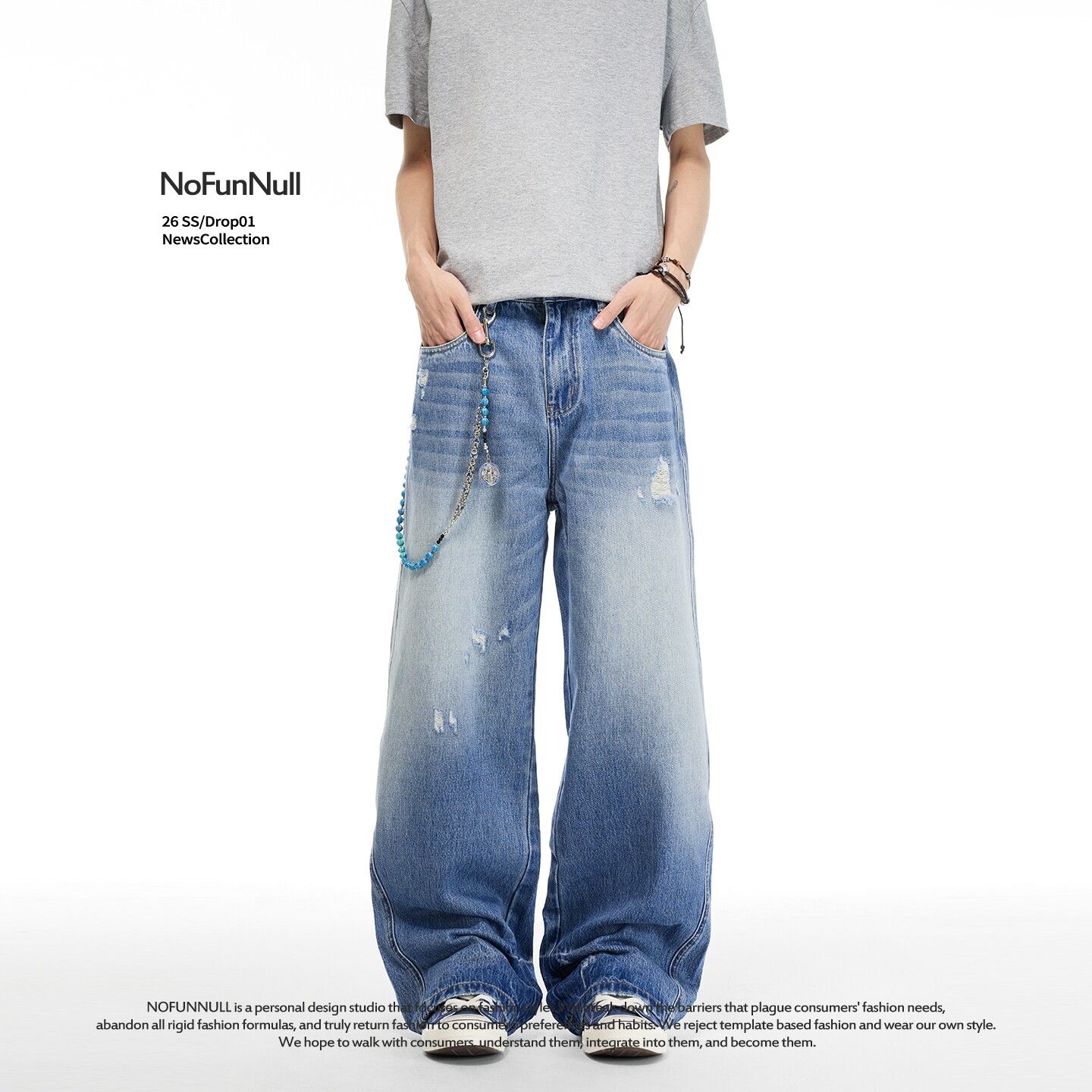 NOFUNNULL 美式磨毛水洗白猫须牛仔裤男女蓝色直筒阔腿渐变长裤潮