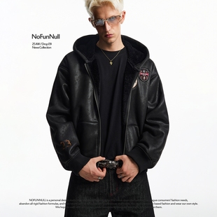 NOFUNNULL 重磅PU皮徽章机车夹克棉服男秋连帽上衣保暖棉衣潮 美式
