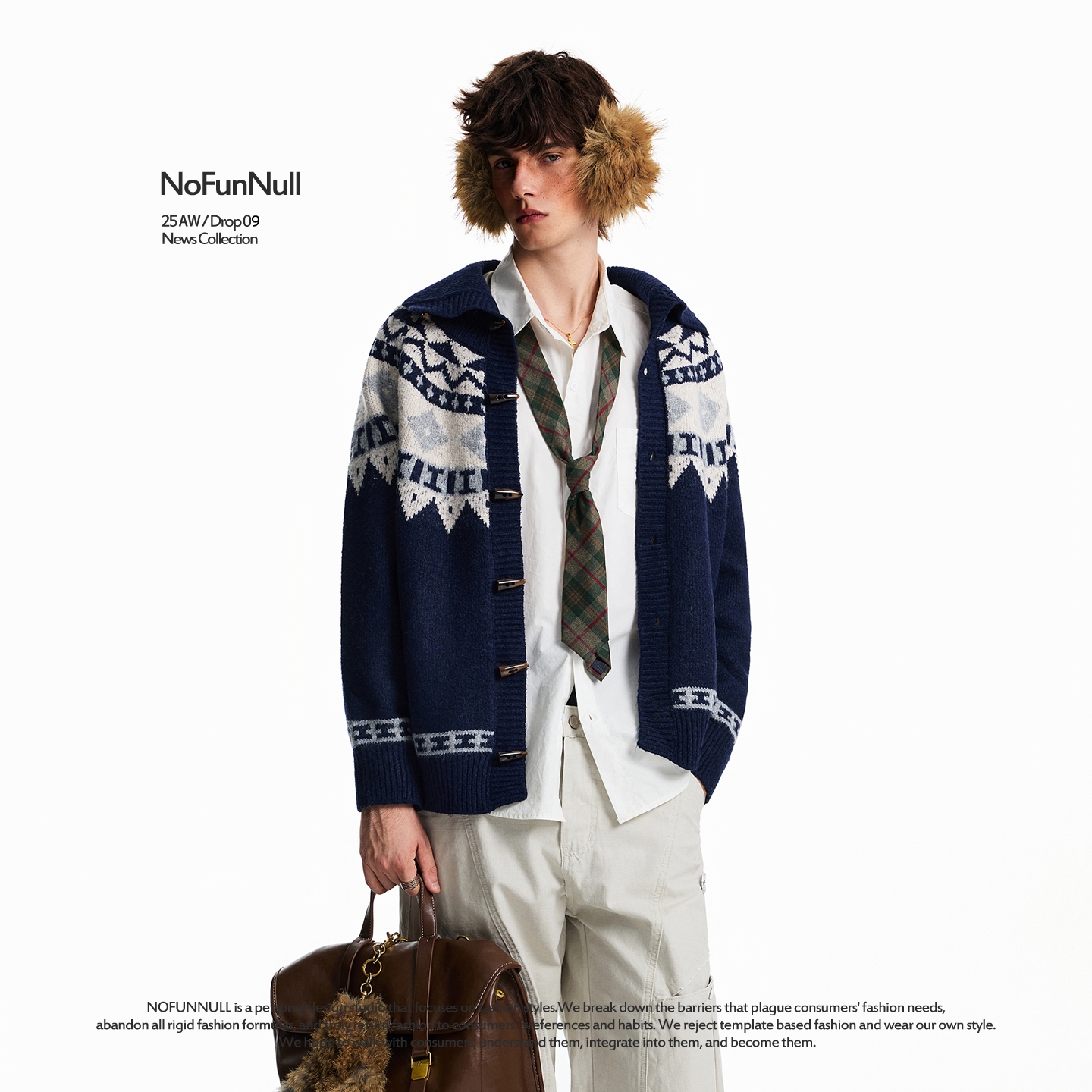 NOFUNNULL费尔岛牛角扣翻领毛衣