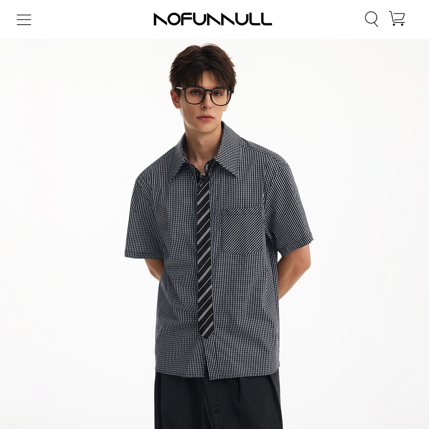 NOFUNNULL 美式拼接假领带老钱风格纹衬衫男夏季高级感休闲衬衣女