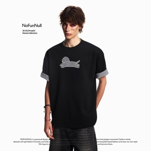 T恤夏男女设计感格子翻袖 上衣 复古贴布小狗圆领短袖 NOFUNNULL美式