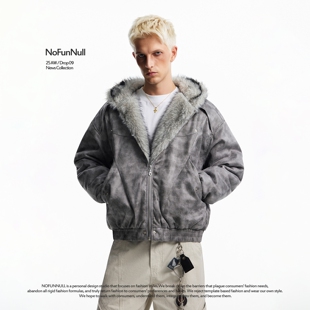NOFUNNULL 复古重磅麂皮座山雕毛领夹克秋冬保暖连帽棉衣外套 美式