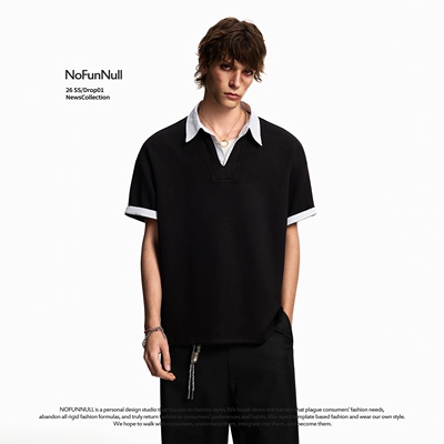 NOFUNNULL假两件条纹衬衫领短袖T