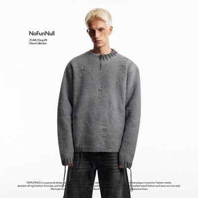 NOFUNNULL不规则破洞混纺羊毛衣