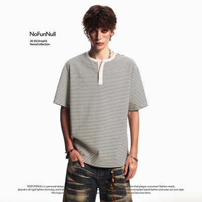 NOFUNNULL美式亨利领正肩短袖T恤