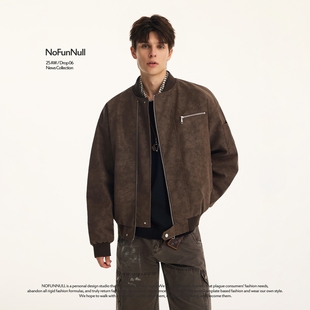 NOFUNNULL美式 痞帅棒球服外套 vintage立领扎染PU皮夹克男秋短款