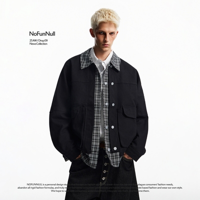NOFUNNULL复古格纹假两件夹克潮