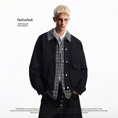 NOFUNNULL复古格纹假两件夹克潮
