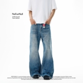 NOFUNNULL秋季 男女A字垂坠简约直筒裤 美式 cleanfit做旧水洗牛仔裤