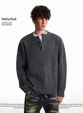NOFUNNULL 美式亨利领纽扣套头毛衣男秋冬宽松休闲圆领针织衫上衣