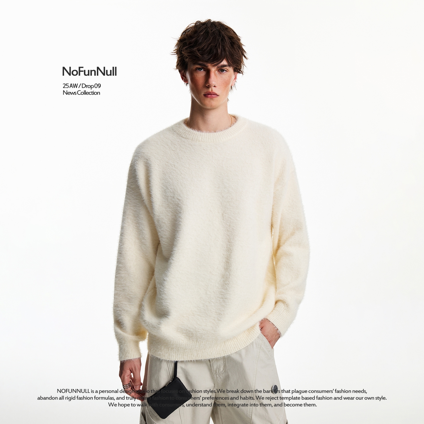 NOFUNNULL美式纯色重磅圆领毛衣