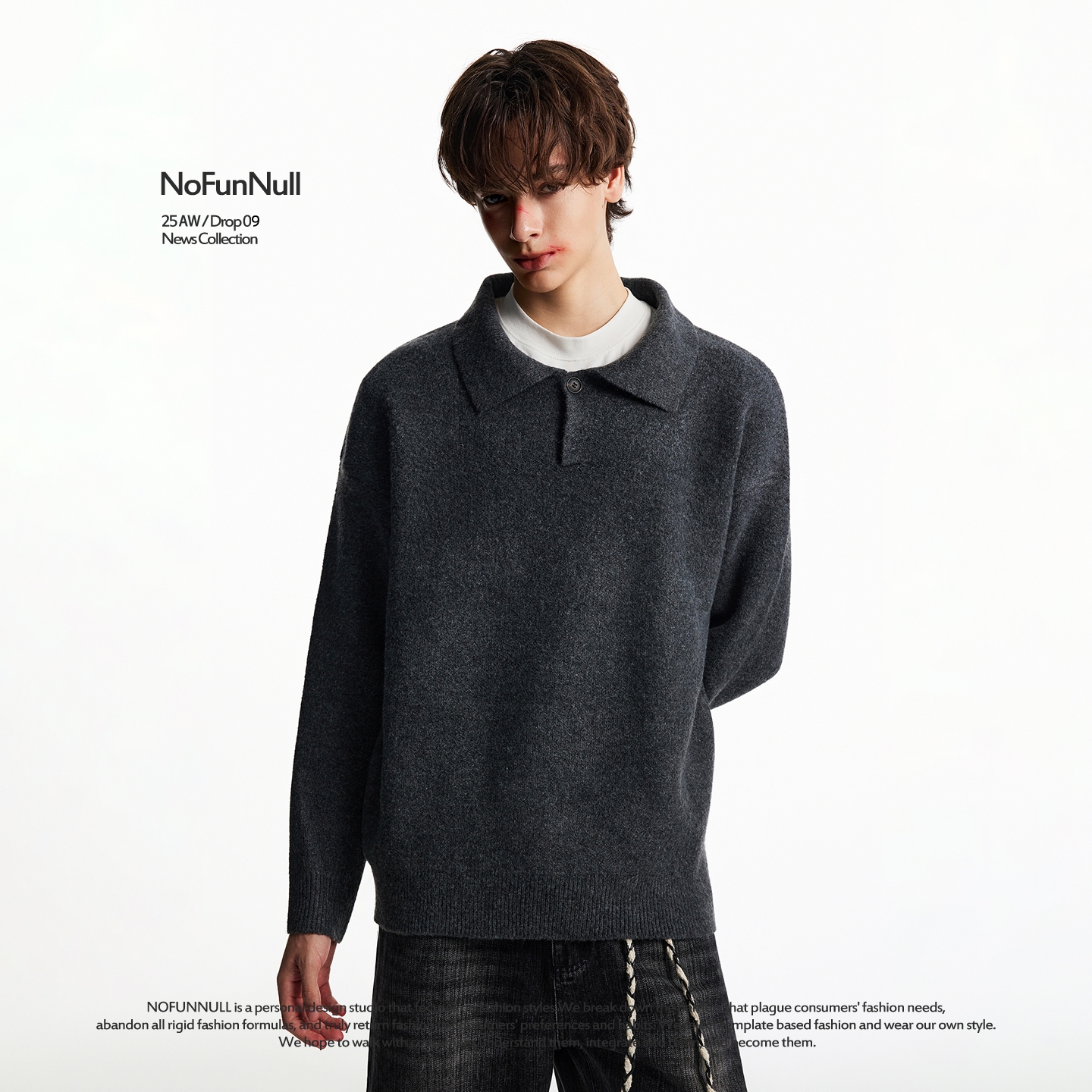 NOFUNNULL美式POLO领套头毛衣潮