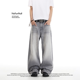 春季 NOFUNNULL 美式 复古水洗猫须灰色牛仔裤 男女宽松垂坠直筒长裤