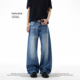 NOFUNNULL美式 潮 做旧裂纹A字直筒裤 复古冰裂蓝水洗牛仔裤 男女春季