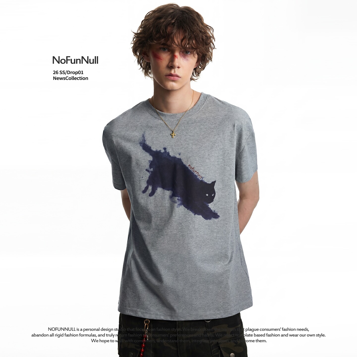NOFUNNULL 小众设计感泼墨小猫印花短袖26夏男女防嗮凉感圆领T恤