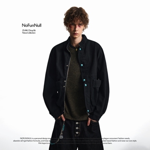 NOFUNNULL美式 牛仔外套潮 vintage绿松石纽扣立领夹克男秋复古工装