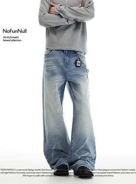 NOFUNNULL反围剿牛王冰蓝猫须牛仔裤男女春季美式2021M微喇长裤子