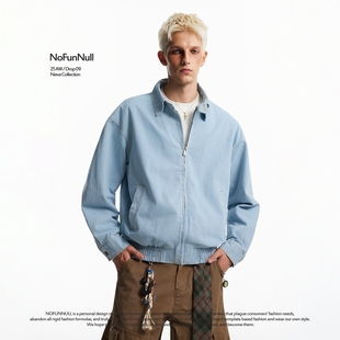 NOFUNNULL 美式cleanfit高级蓝白条纹夹克男秋短款高街哈灵顿外套