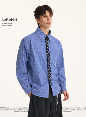 NOFUNNULL 假两件领带高质长袖衬衫男春季新款老钱风拼接格子上衣