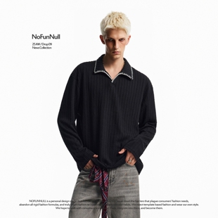 NOFUNNULL 男麦穗老钱风高质长袖 针织衫 手缝线纹肌理感Polo打底衫