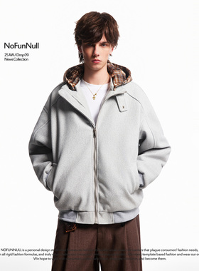 NOFUNNULL 美式复古格纹拼接哈灵顿棉衣冬季男女可拆卸帽加厚外套