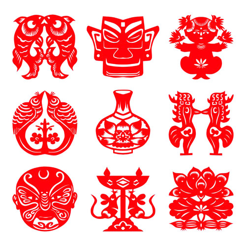 轴对称剪纸双鱼脸谱青花瓷作品