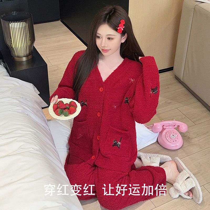 红色加厚保暖半边绒睡衣套装女