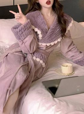 高级感睡袍女法兰绒2025年秋冬季加绒紫色奢华千金风珊瑚绒睡衣女