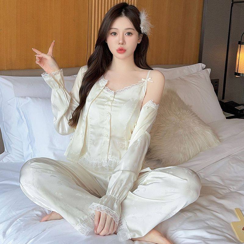 冰雪丝提花国风睡衣女春秋款三件套吊带胸垫蕾丝纯欲高级感家居服,女士内衣/男士内衣/家居服,睡衣/家居服套装,淘宝优惠券,粉丝福利购,淘宝优惠卷